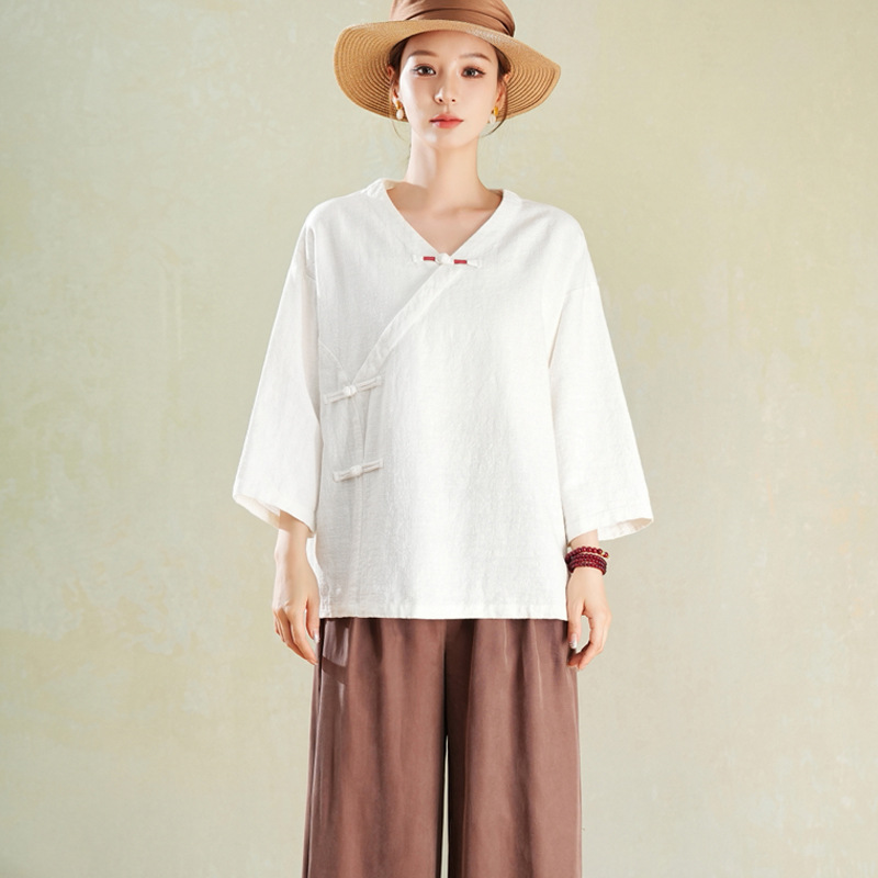 Womens Artistic Vintage Top With Diagonal Placket And Knot Buttons