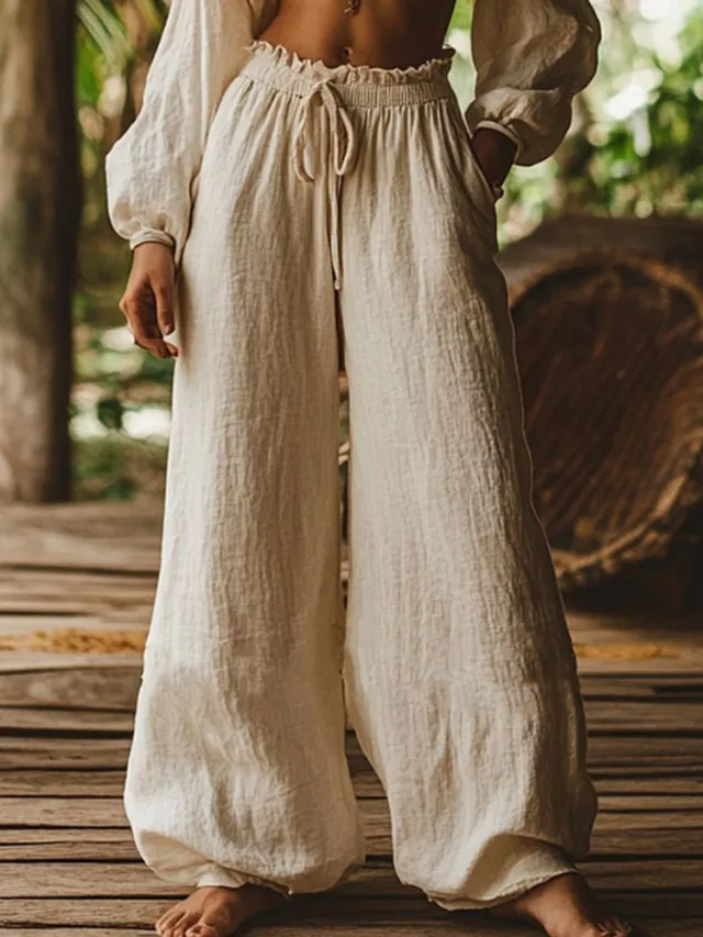 Fashion Casual Loose Artistic Pocket Drawstring Elastic Waist Wide Leg Pants Apricot - Shop at LoveMi