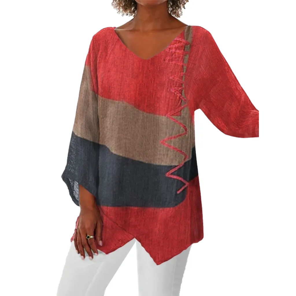 Ins Colorblock Print V-neck Long Sleeve T-Shirt Fashion Loose Tops Autumn And Spring Women's Clothing - T16-2Xl