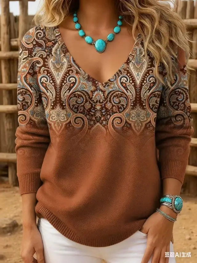 Womens Retro Print V Neck Long Sleeve T Shirt Top Sh1001205503 S - Shop at LoveMi