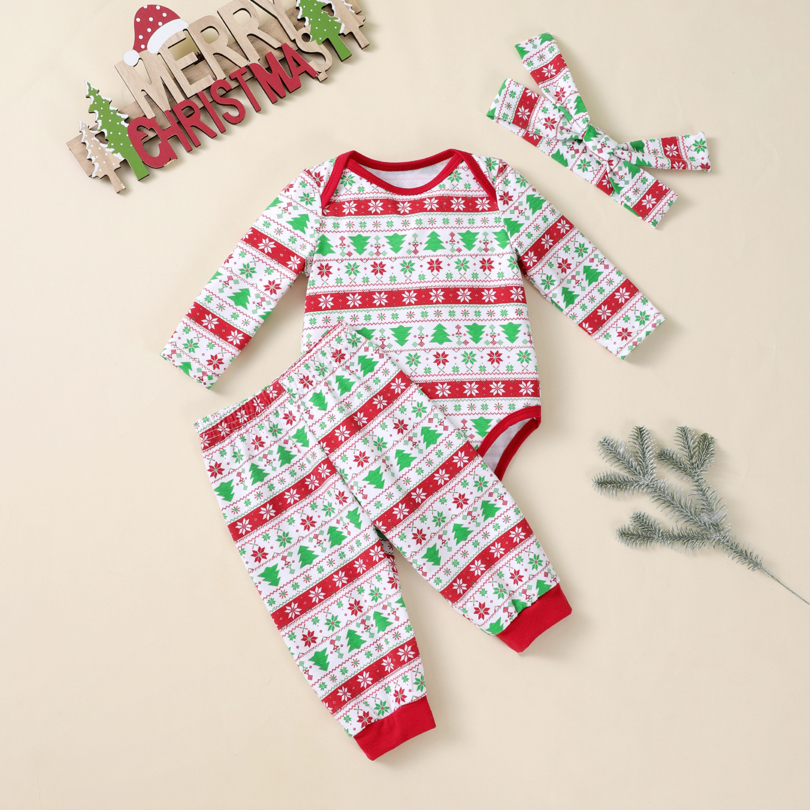 Christmas Tree Print Long-sleeve Bodysuit Pants Hat 3-piece Party Outfit