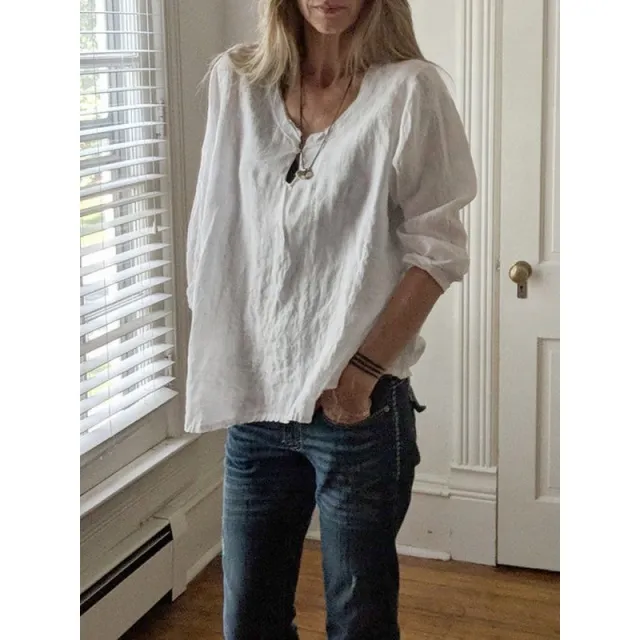 Women's Fashion Cotton Linen Loose fitting V neck Long Sleeves T shirt White - Shop at LoveMi