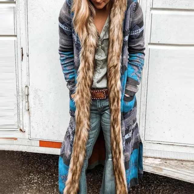 Fur Collar Long Sleeve Floral Print Trench Coat Blue - Shop at LoveMi