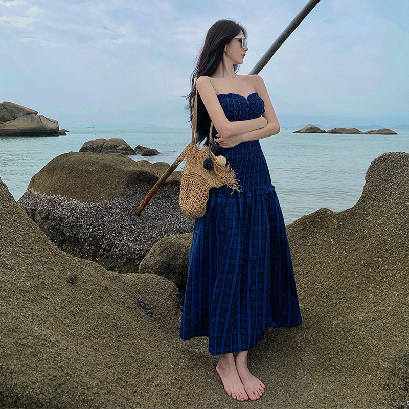 Tube Top Split Stitching Dress Advanced Sense Blue Plaid - Shop at LoveMi