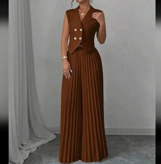 Summer Sleeveless Suit Fashion Lapel Button Vest Top And Pleated Straight Pants Women's Trousers Set Clothing Dark Brown - Shop at LoveMi