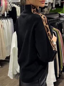 Fashion Women's Turtleneck Long Sleeve Leopard Splicing Top