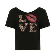 Oblique Shoulder Big Neckline Leopard Print Letter Jacket - Black - View 1