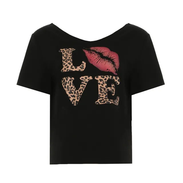 Oblique Shoulder Big Neckline Leopard Print Letter Jacket Black - Shop at LoveMi