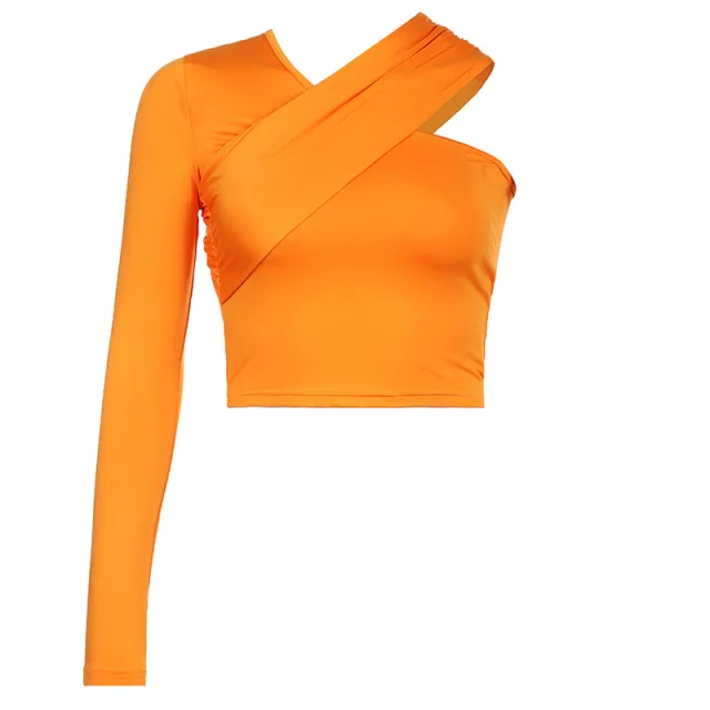 One shoulder Solid Color Top Sexy Off the shoulder V neck Waist controlled Long Sleeves Bottoming Shirt Orange - Shop at LoveMi