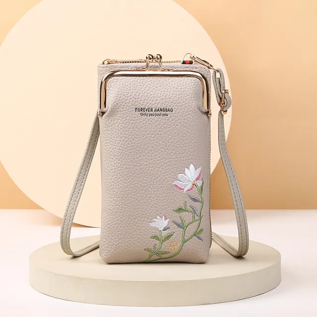 Flower Embroidery Phone Bag With Lock Buckle Outdoor Long Wallet Fashion Shoulder And Crossbody Bags Gray - Shop at LoveMi