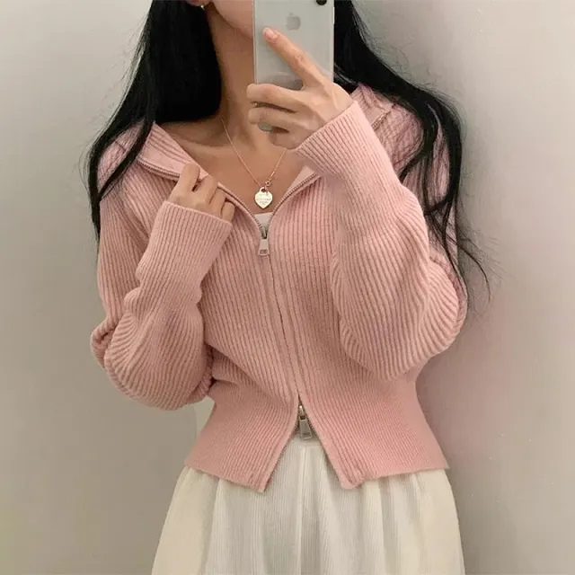 Double headed Zipper Hooded Long sleeved Knitted Sweater Coat Pink - Shop at LoveMi