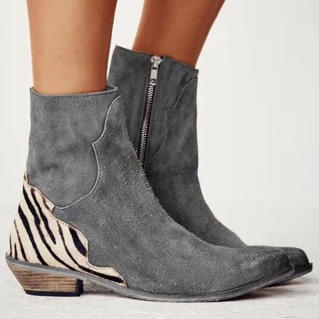 Korean Style Plus Size Pointed Thick Low Heel Side Zip Short Boots Gray - Shop at LoveMi