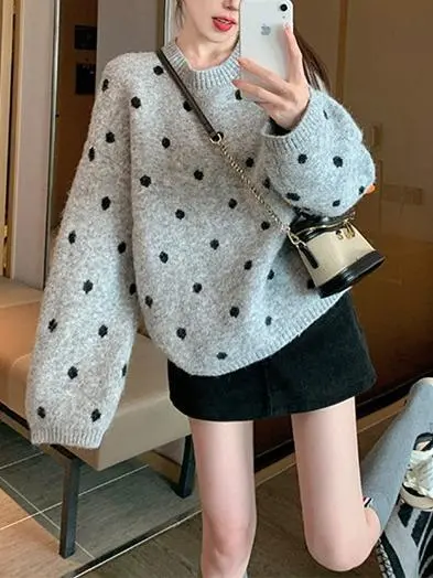 Solid Color Polka Dot Pullover Women's Sweater Gray - Shop at LoveMi