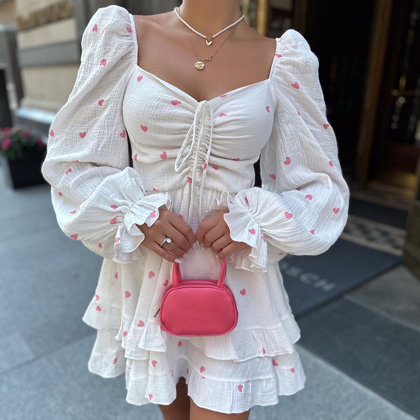 White Crepe Cotton And Linen Square Collar Puff Sleeve Heart Printing High Waist Dress White - Shop at LoveMi