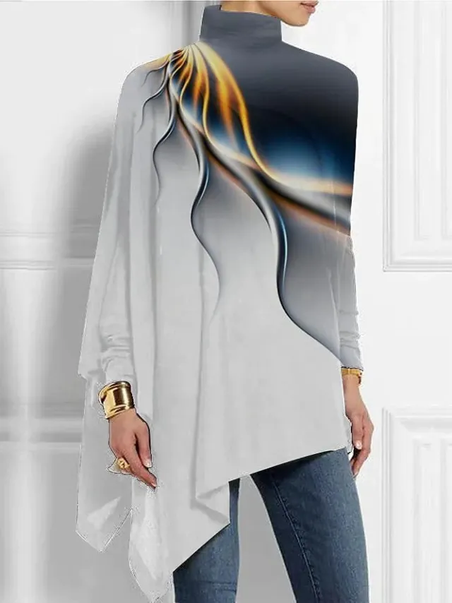 Irregular Hem Loose Casual Print Long Sleeve Turtleneck Bottoming Shirt Glt13 Xl - Shop at LoveMi