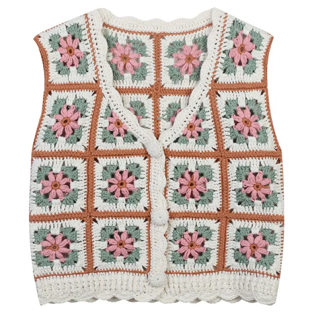 Knitted Color contrast Check Crocheted Hollow Retro Cardigan Apricot - Shop at LoveMi