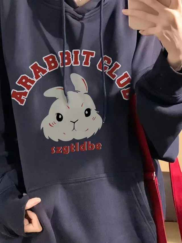 Female Autumn And Winter Rabbit Printed Hoodie Navy - Shop at LoveMi