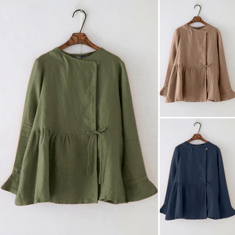 Womens Cotton Waist-Cinching Long-Sleeve Crew-Neck Button-Front Blouse With Ties