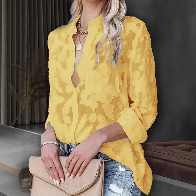 Women's Solid Color Single breasted Lapel V neck Jacquard Long sleeved Shirt Lemon Yellow - Shop at LoveMi