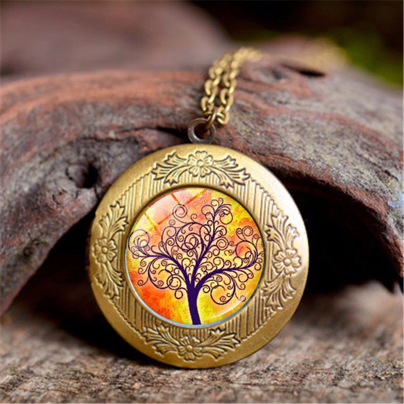 Vintage Tree Of Life Time Stone Photo Box Pendant Necklace