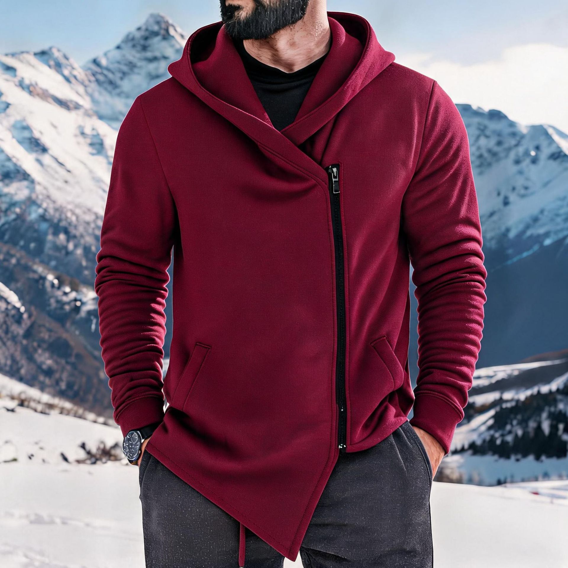 New Mens Fleece-lined Hoodie With A Slanted Zipper