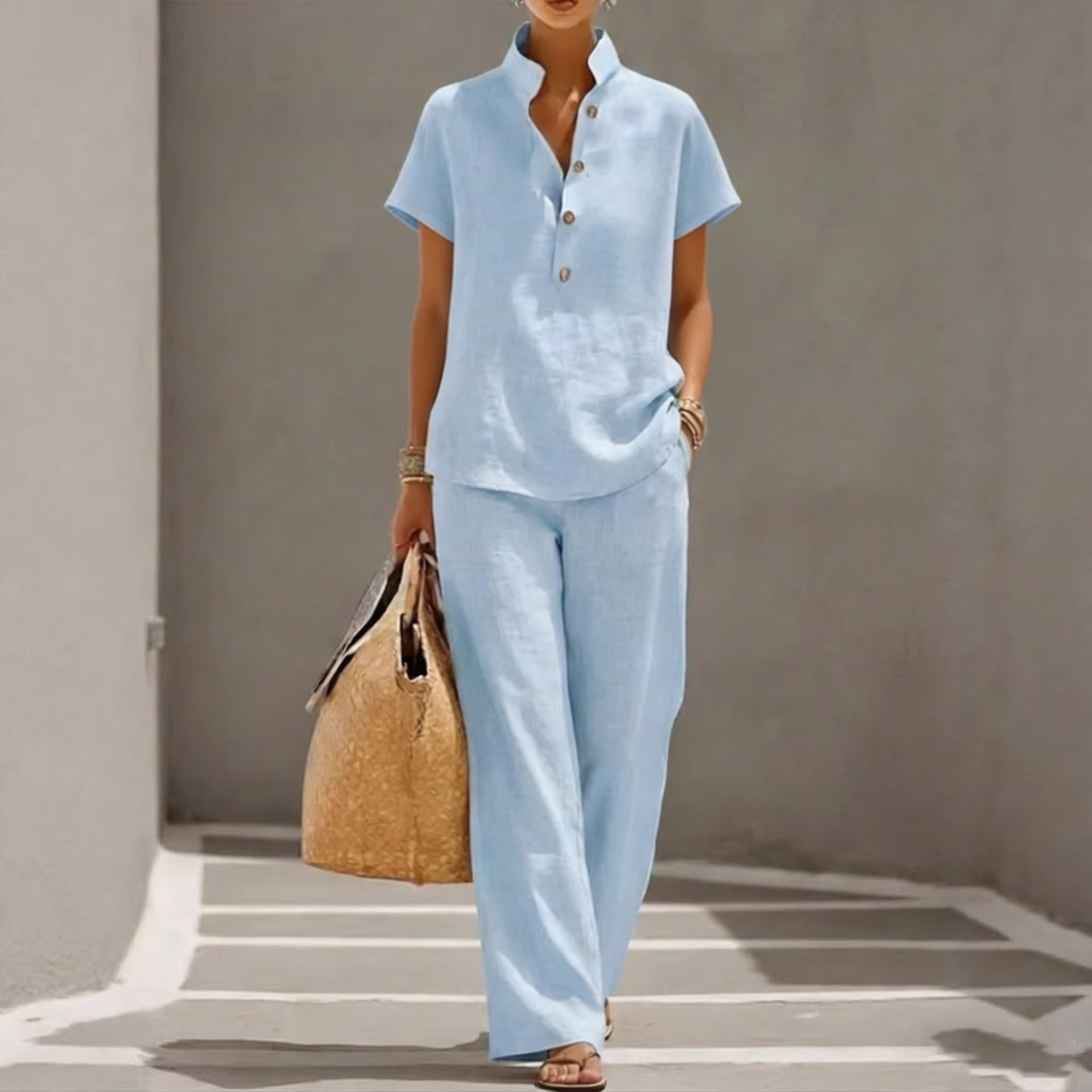 Sky blue cardigan short sleeve top and pants three-piece set – solid color casual lounge women's style