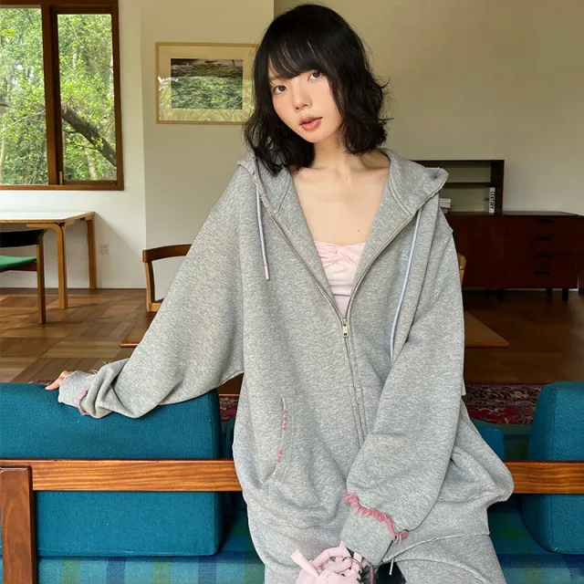 Autumn And Winter Simplicity Hooded Brushed Sweater Coat For Women Flower Gray - Shop at LoveMi