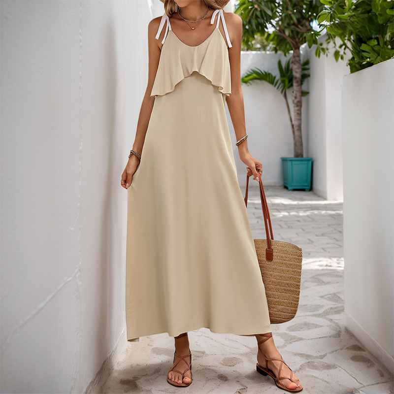Holiday Long Ruffled Decorative Sling Solid Color Dress