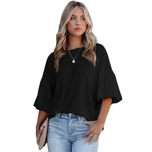 Summer New Puff Sleeve T shirt Female European And American Casual Crew Neck Top Black - Shop at LoveMi