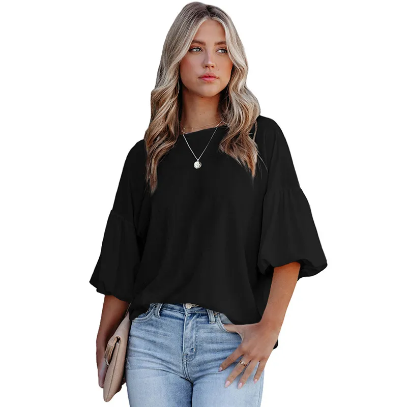 Summer New Puff Sleeve T-shirt Female European And American Casual Crew Neck Top - Black