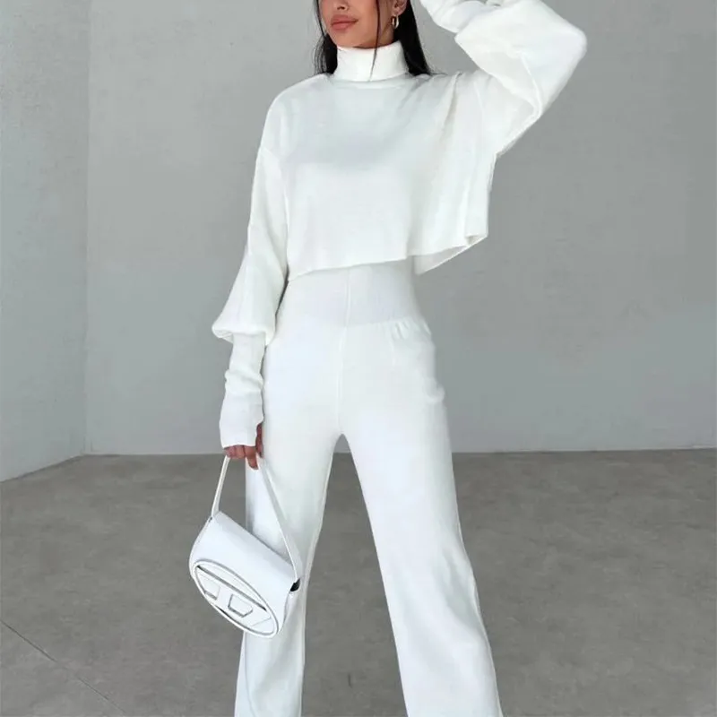 Autumn And Winter New European And American Turtleneck Loose Long Sleeve Top Female Casual Fashion Set - White