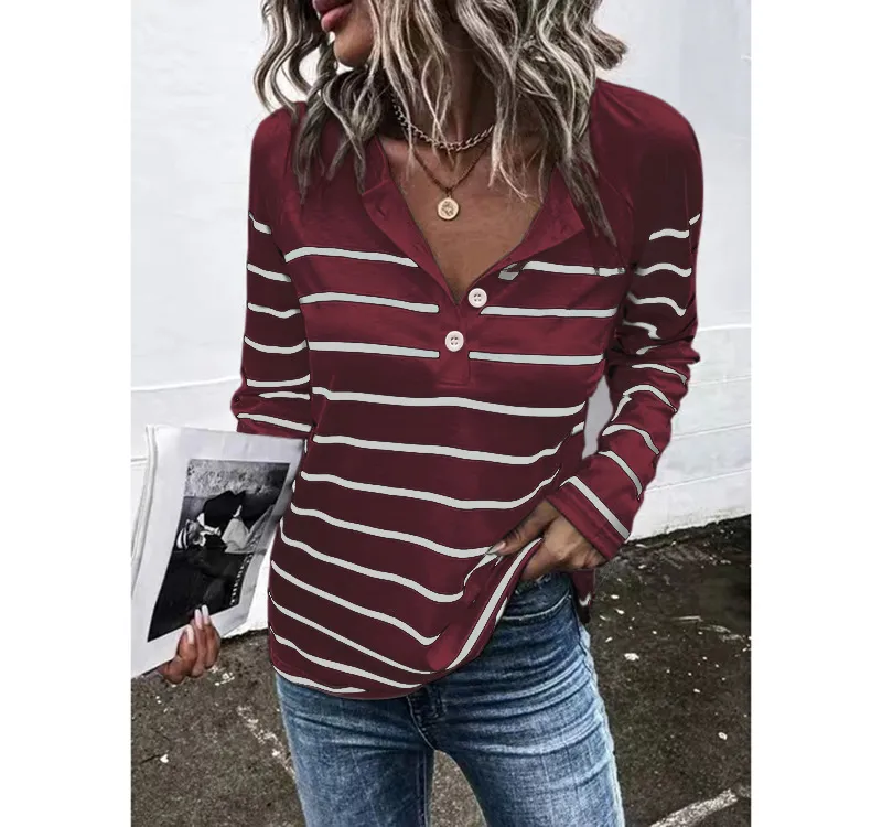Striped Round Neck Button Casual Loose Long Sleeve - Wine