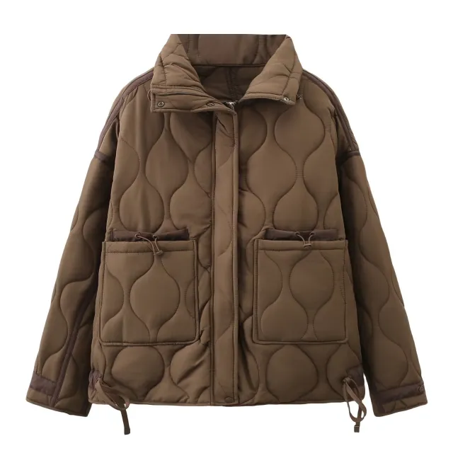 Women's Fashionable All match Casual Loose Diamond Lattice Stand Collar Long Sleeve Cotton padded Jacket Tan - Shop at LoveMi