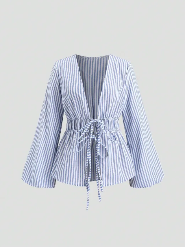 Women's Bow Lace up Striped Top Casual Coat Blue - Shop at LoveMi