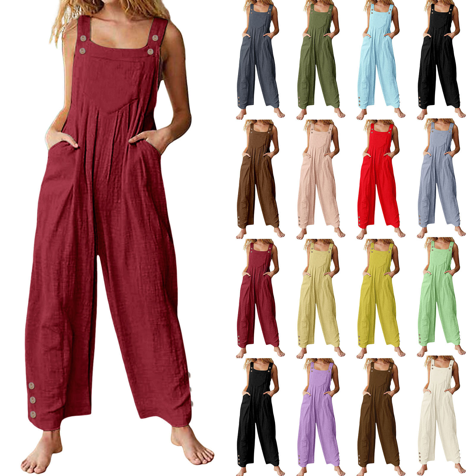 Womens Casual Loose-fitting Sleeveless Buttoned Jumpsuit