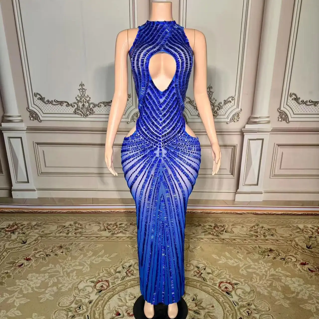 Womens Sexy Mesh Hollow-Out Nightclub Stage Dress