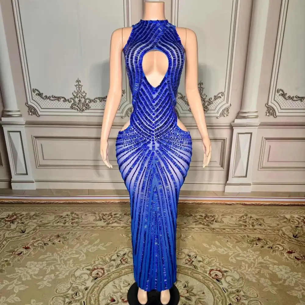 Womens Sexy Mesh Hollow-Out Nightclub Stage Dress Performance Outfit