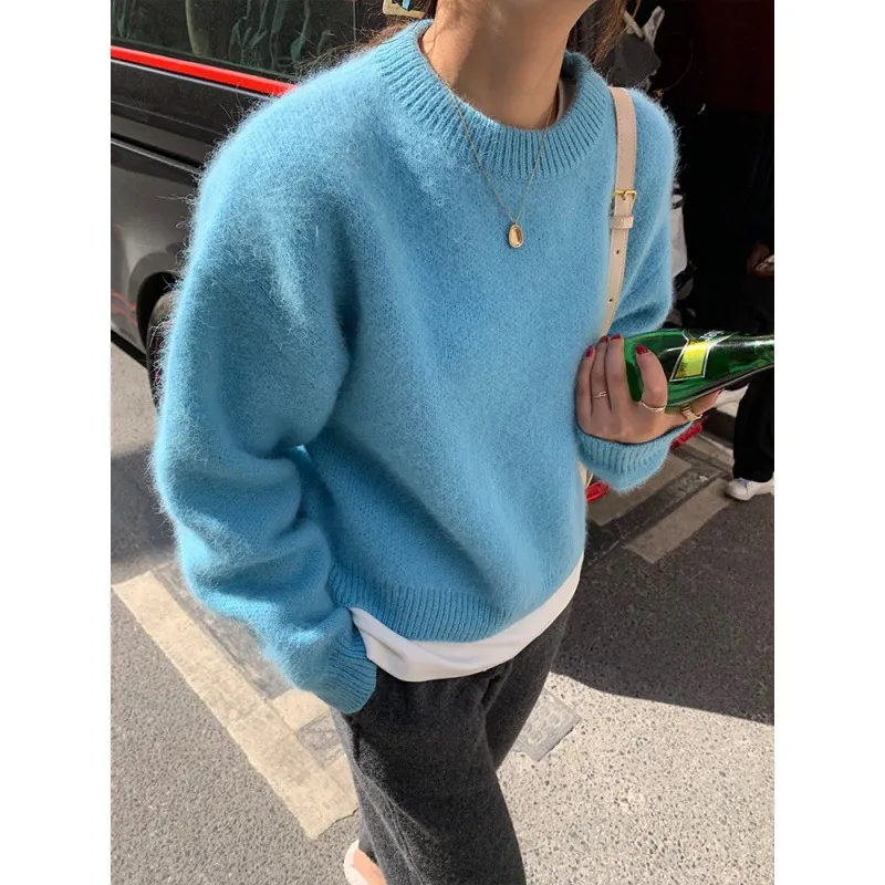 Fashion Retro Loose And Warm Solid Colour Pullover Sweater Women - Brown