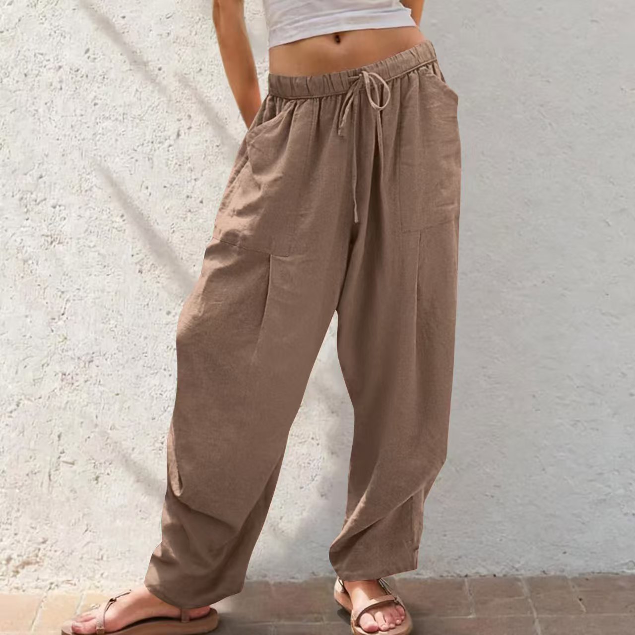 Womens Solid-Color Cotton-Linen Casual Loose Straight Pockets Lounge Pants With Drawstring