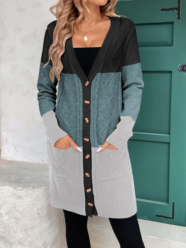 Thread Contrast Color Mid length Simple Style V neck Coat Green - Shop at LoveMi