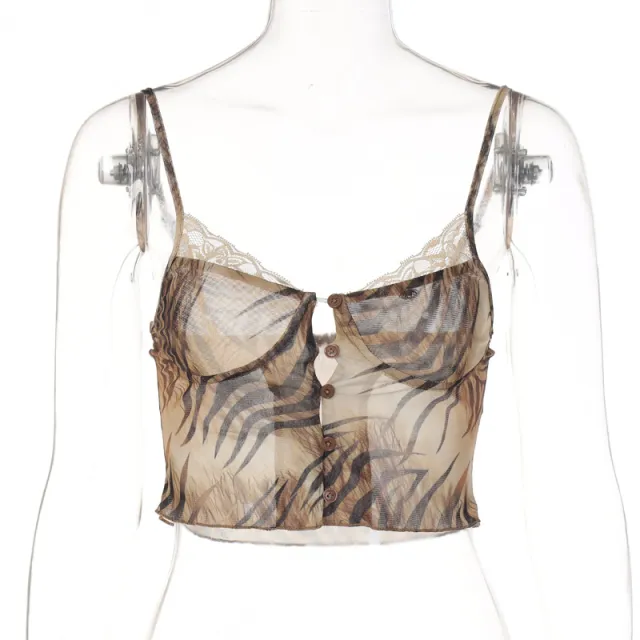 European And American Ins Style Women's Summer New Mesh Print V neck Lace Crop top Spaghetti strap Small Vest Tiger Pattern - Shop at LoveMi