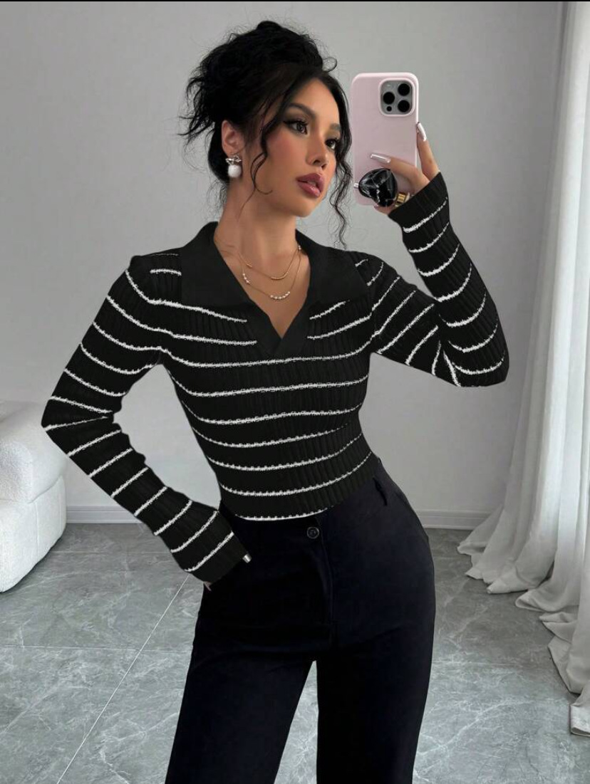 Striped Long Sleeve T-shirt Slim Fit Base Knitting Women - Image 7