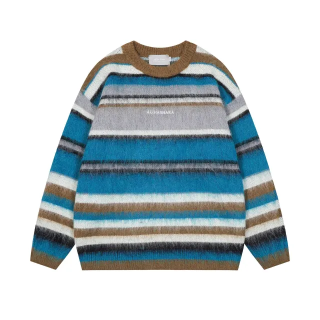 Women's American style Contrast Striped Round Neck Sweater Autumn Red - Shop at LoveMi