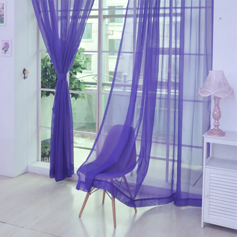 Solid Color Glass Mesh Curtains Transparent Color Ready-made Curtain Punch-free - Purple