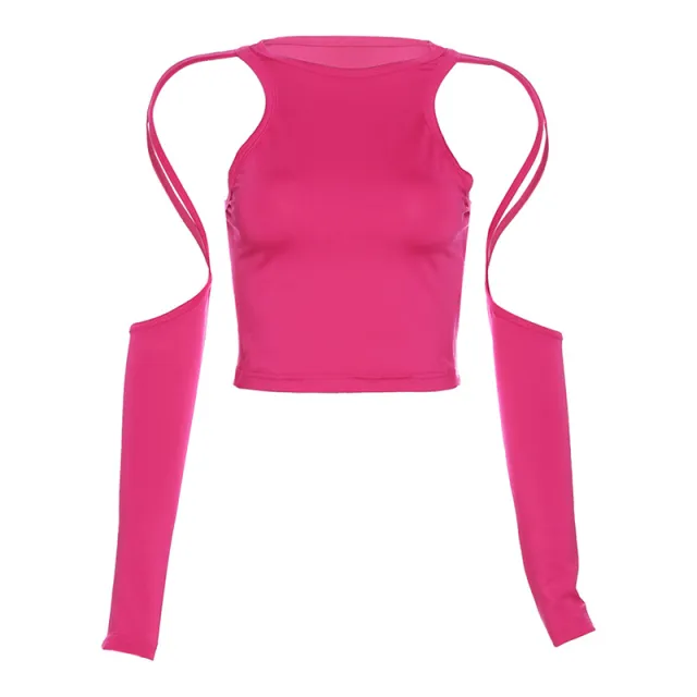 Fashion Women's Wear Long Sleeve Round Neck Hollow out Navel T shirt Rose Red - Shop at LoveMi