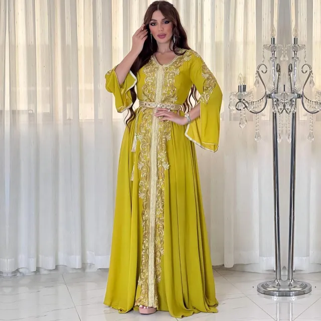 3737 Guerbang Arab Dubai Foreign Trade Embroidery Applique Dress Yellow - Shop at LoveMi