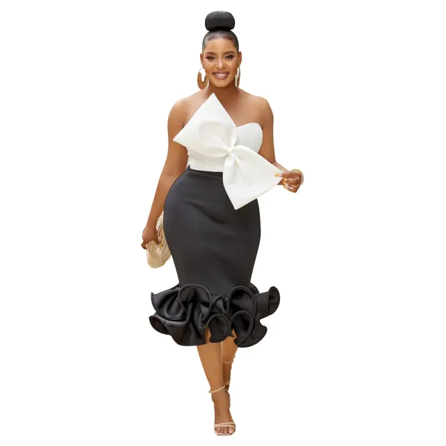 Women's Wear Sleeveless Tube Top Bow Hip Skirt Two piece Set Black - Shop at LoveMi