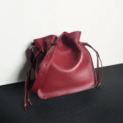 One-shoulder Crossbody First Layer Cowhide Pull-belt Bucket Bag - Burgundy - View 1