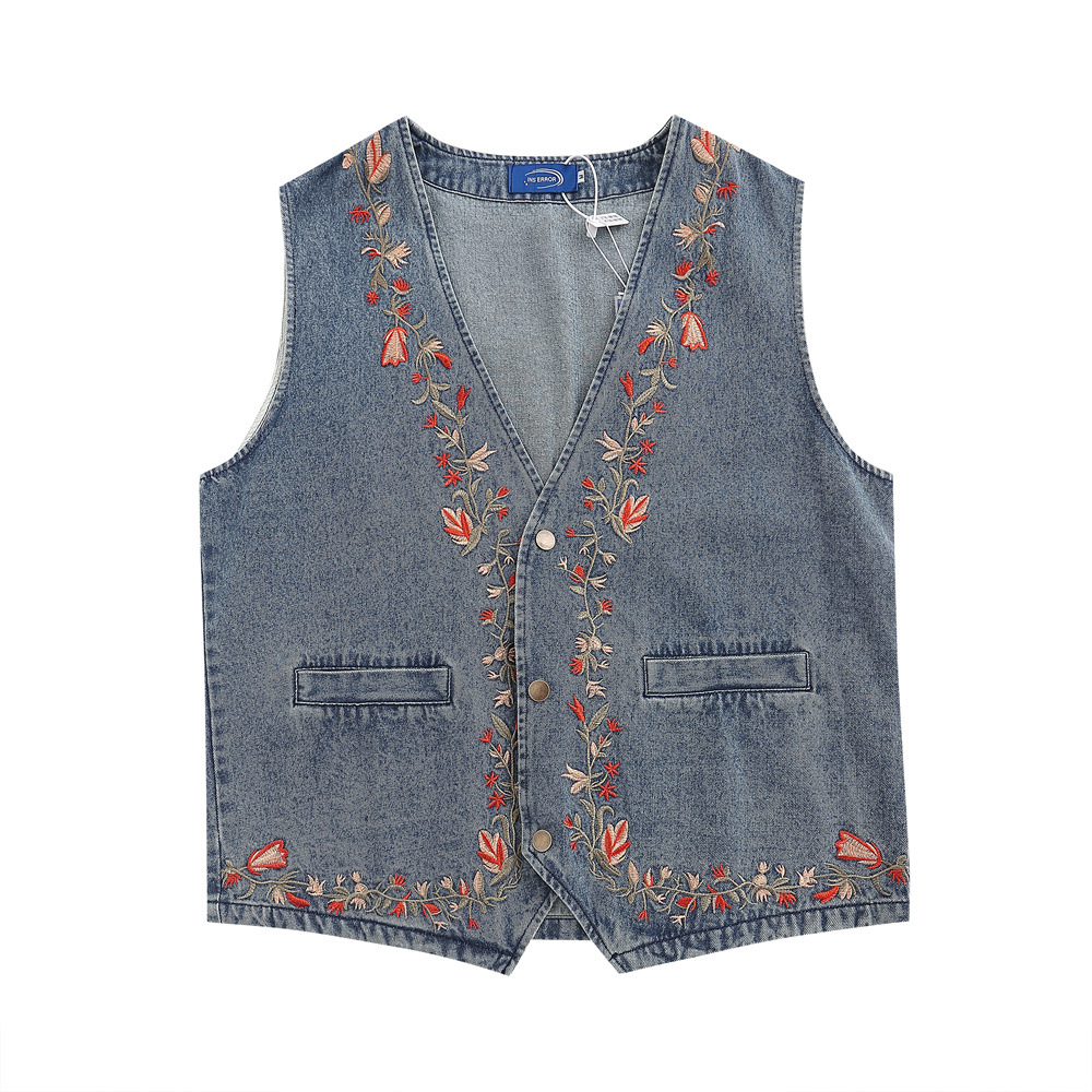 Floral Embroidery Casual Denim Vest — image 1