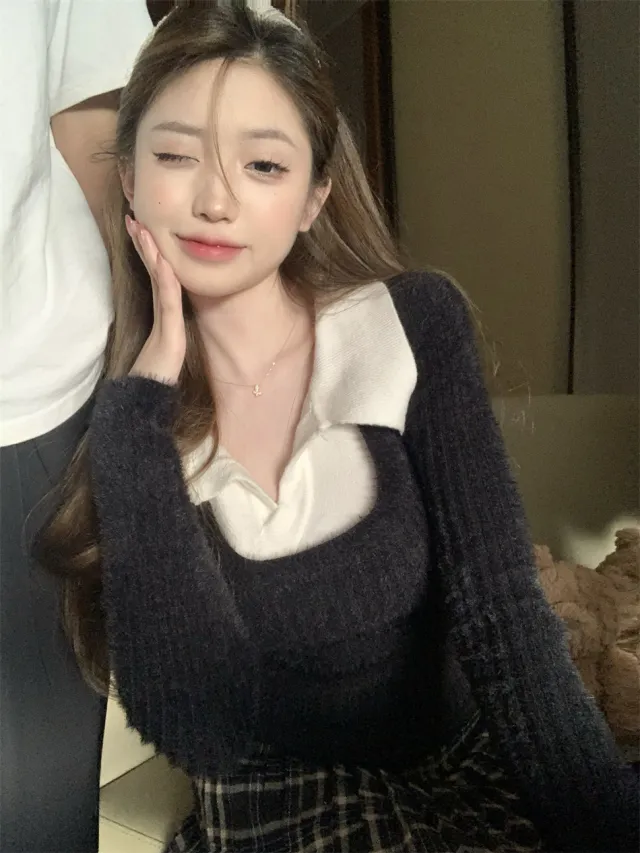 Fake Two Pieces Slim fit Short Long Sleeve Sweater Bottoming Shirt Black - Shop at LoveMi